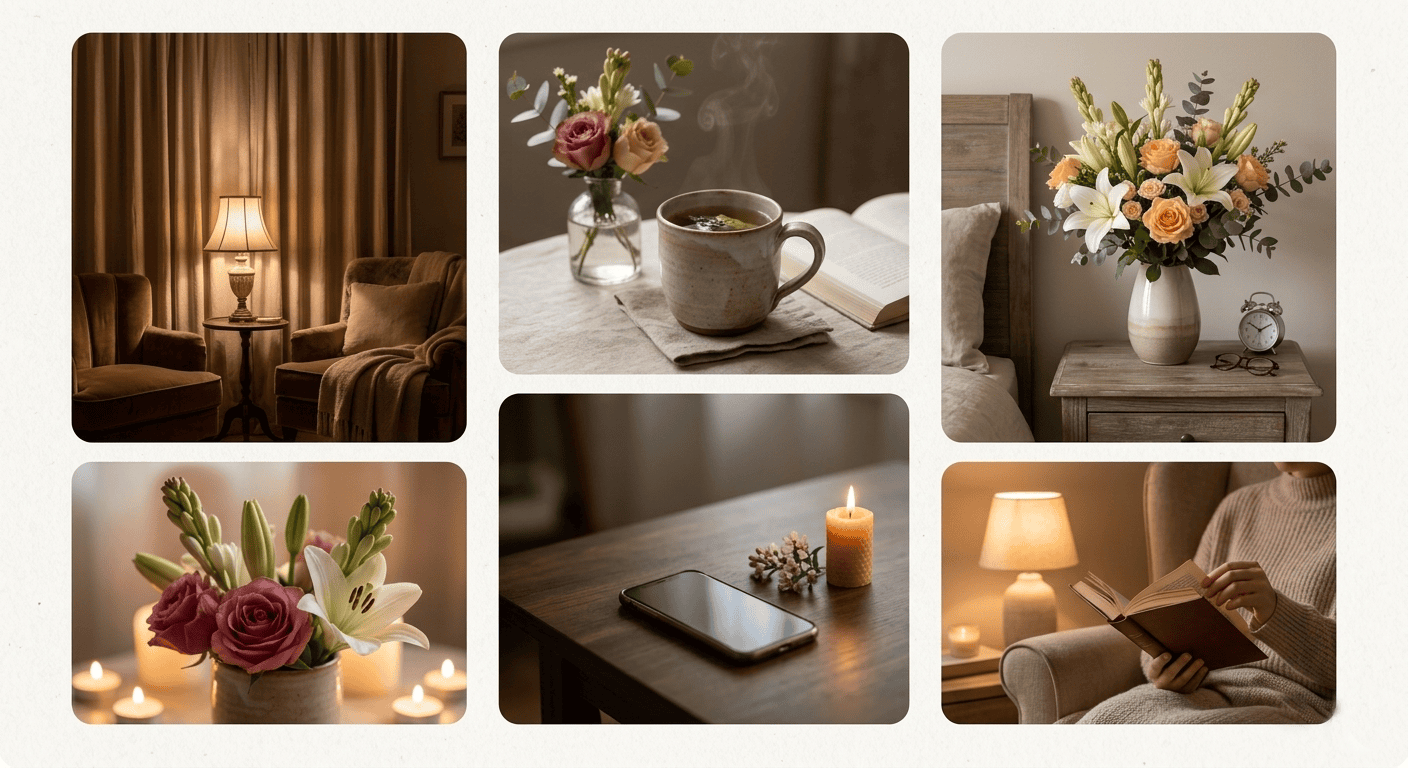 Cozy evening setup with fresh flowers candles and warm lighting creating a relaxing home atmosphere