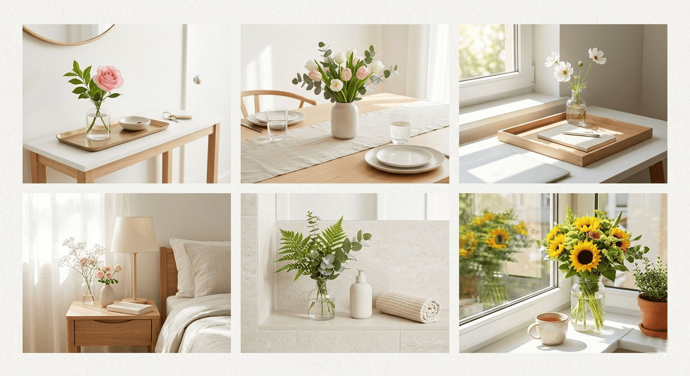 Weekend home reset with fresh flowers creating a clean and peaceful living space