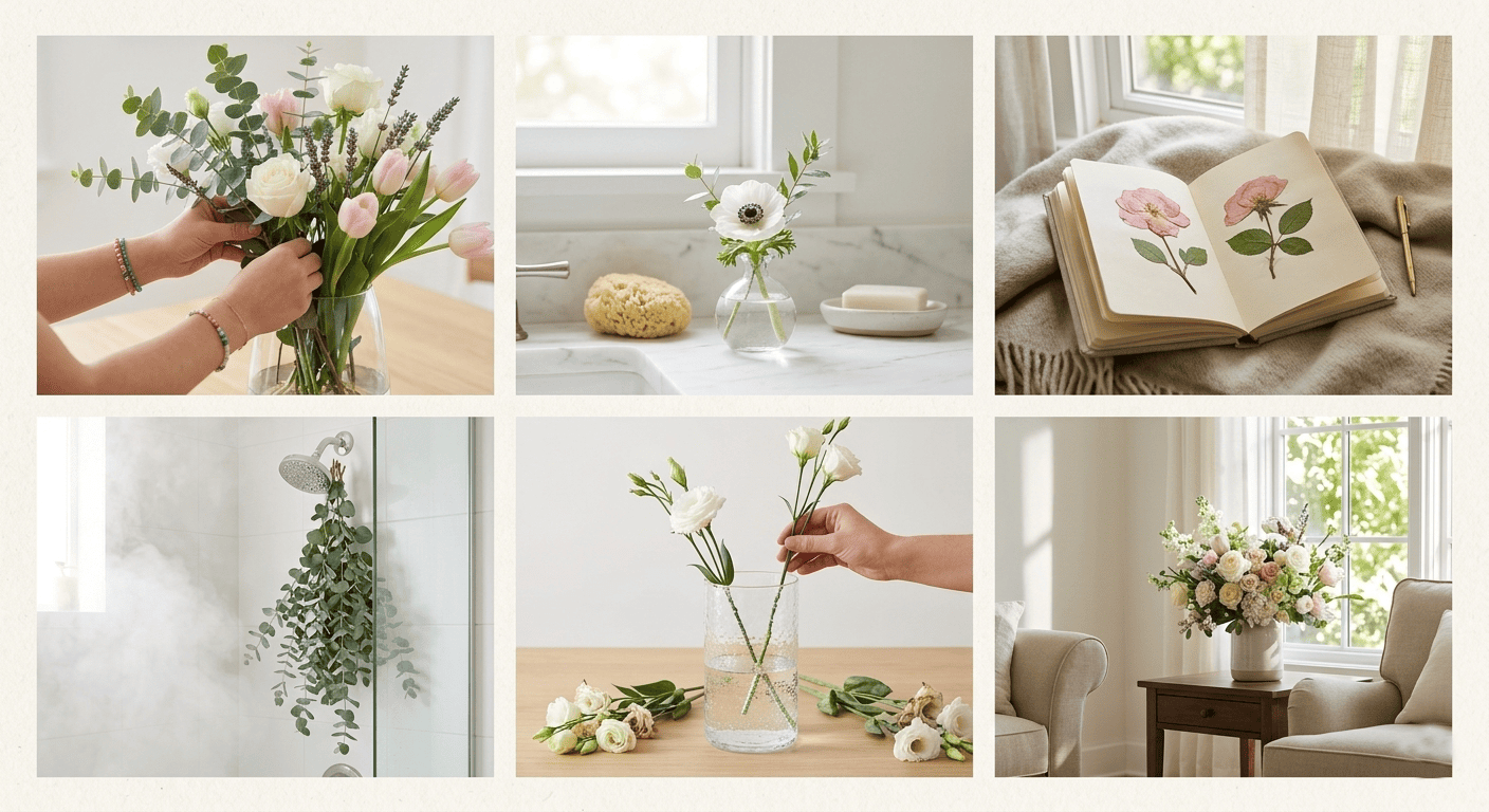 Fresh flowers in a calm home setting symbolizing a peaceful weekend mindset reset