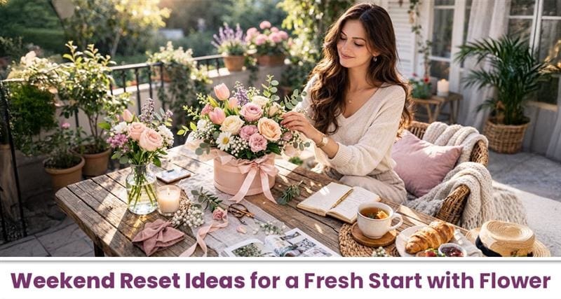 Weekend reset with fresh flowers in a cozy home setup creating a calm and peaceful fresh start