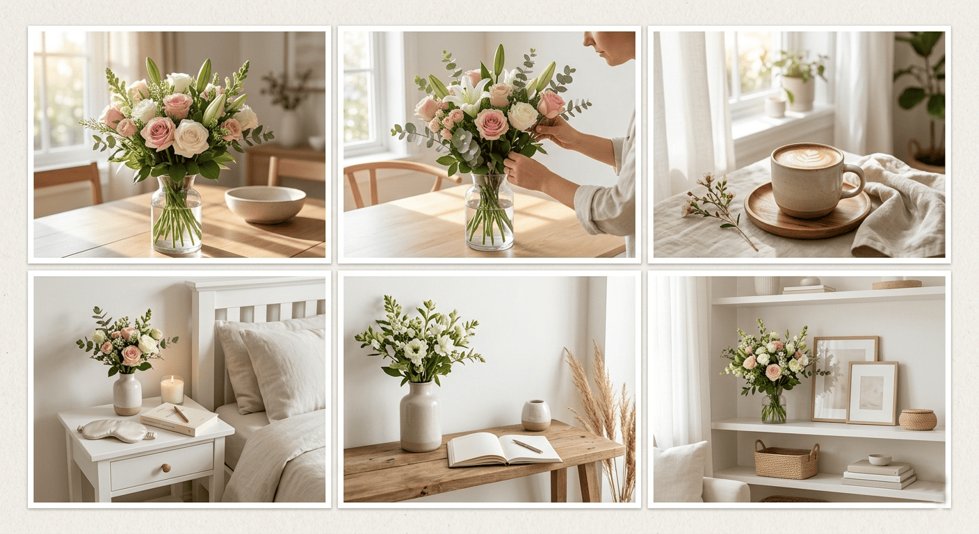 Calm weekend reset setup with flowers creating a peaceful and refreshing atmosphere