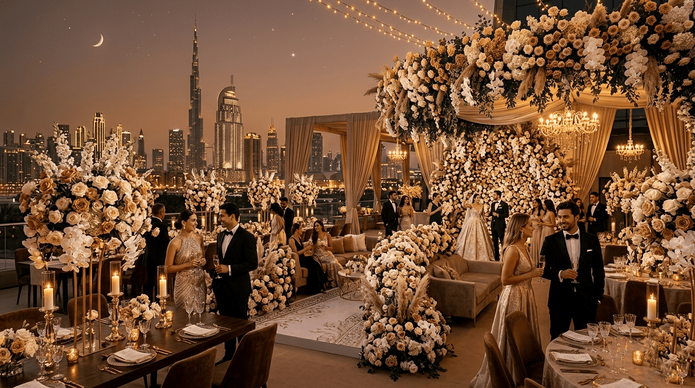 Elegant floral arrangement summarizing 2026 trends with modern bouquets and luxury event decor