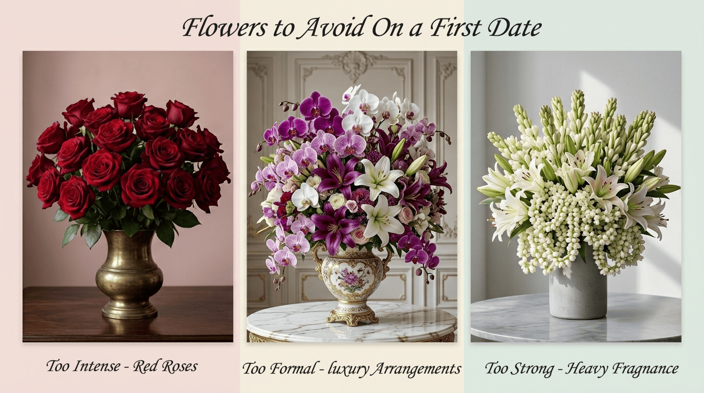 Deep red roses and strong fragrant lilies in an overpowering bouquet to avoid on a first date