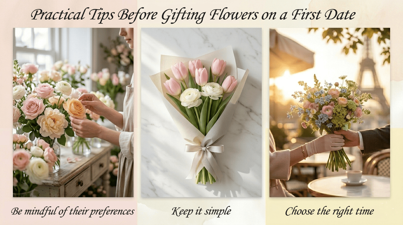 Practical tips before gifting flowers on a first date with simple bouquet preparation