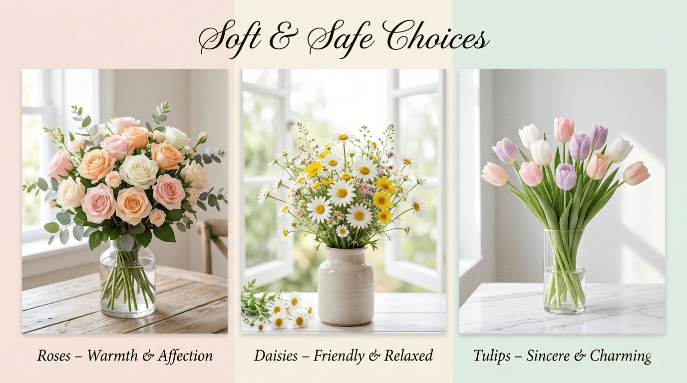 Soft and safe flower choices for a first date including roses, tulips, and daisies