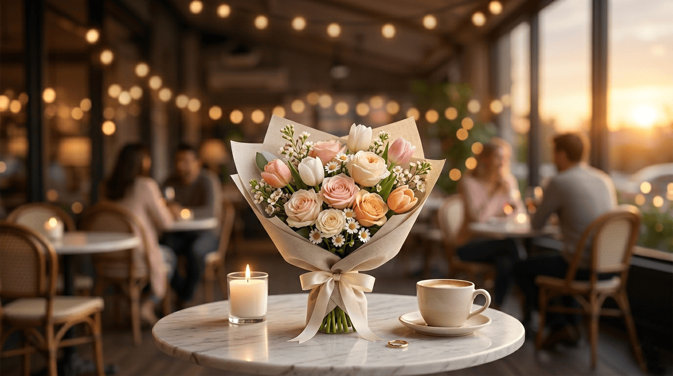 Delicate arrangement of pastel roses, tulips, and daisies creating a perfect first date bouquet