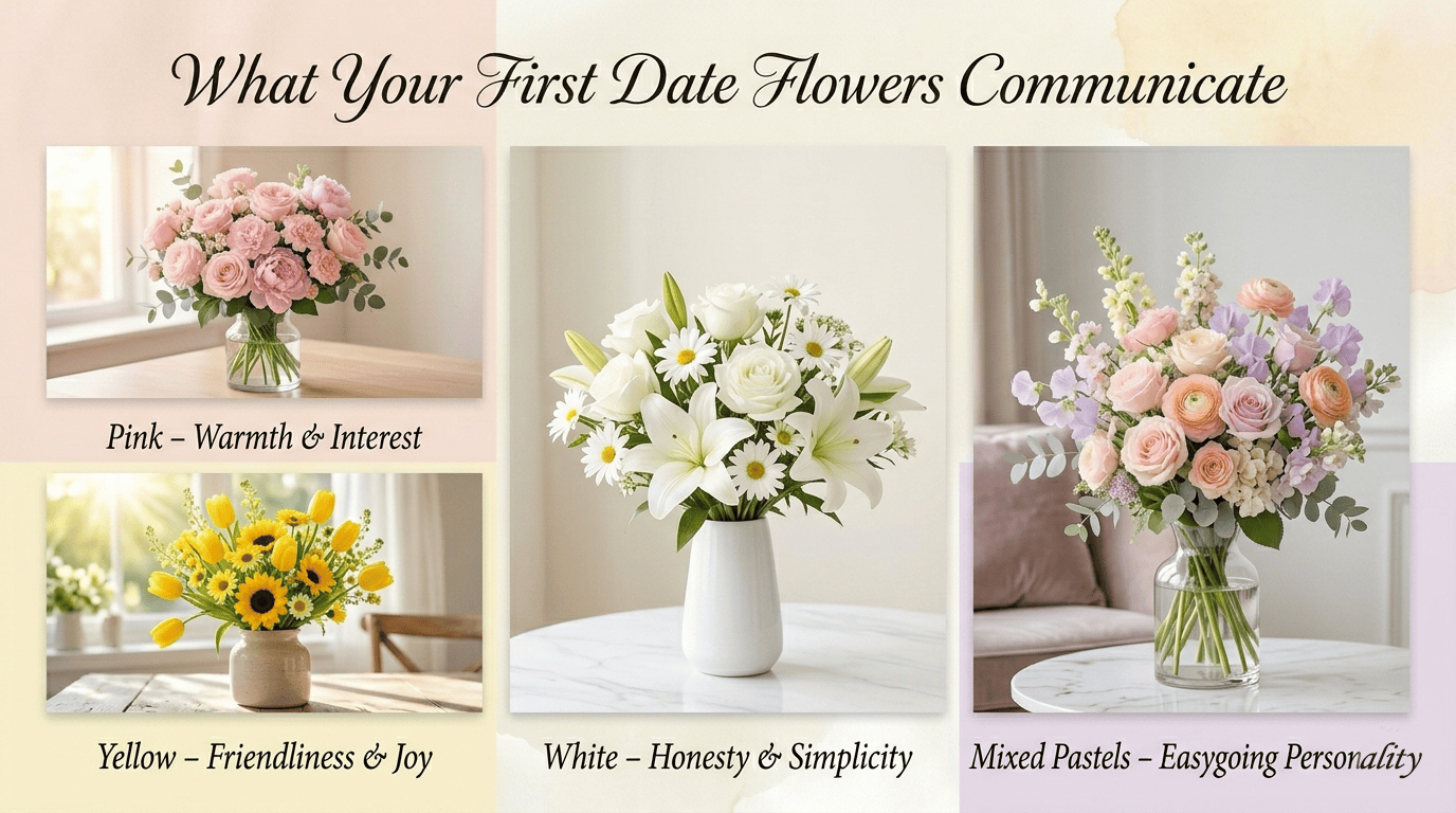 Pastel roses, tulips, and daisies representing different emotions in first date flower choices