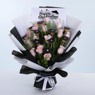 Pink rose graduation bouquet with fresh flowers symbolizing success and achievement for graduates