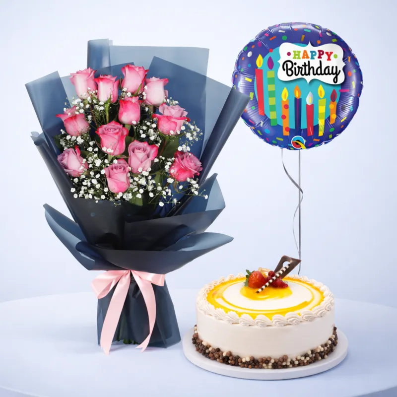 rose-and-butterscotch-delight-combo Elegant pink roses with butterscotch cake (1kg) and a decorative balloon arranged as a cheerful celebration gift set for special moments.