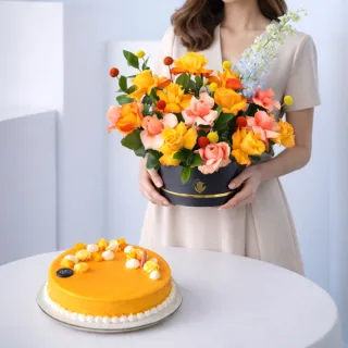 A floral arrangement box featuring fresh flowers placed beside a mango mousse cake combo.
