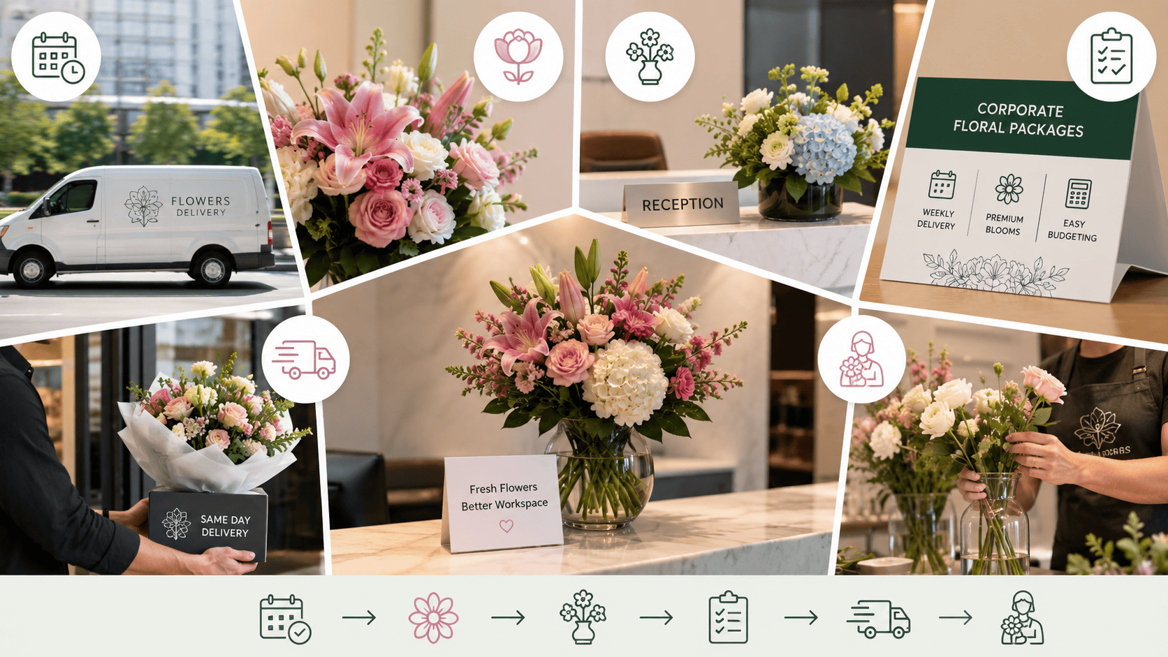 Business professional reviewing floral delivery options to select the best subscription for office ambiance