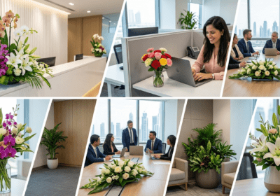 Fresh flower subscription arrangement displayed in a modern office reception area, enhancing workplace ambiance and aesthetics