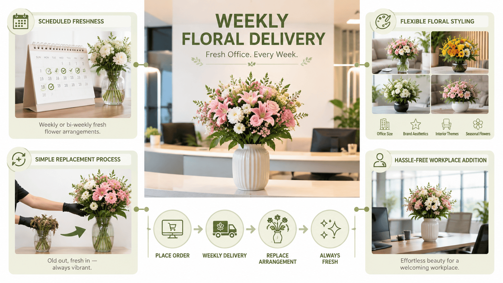 Weekly floral delivery arriving at an office, showing fresh flowers being received for workplace decoration