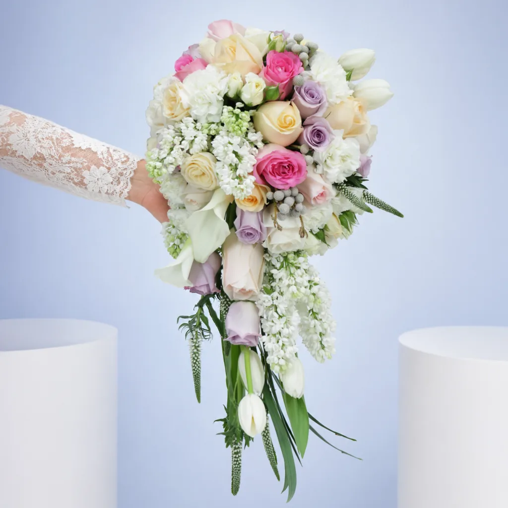 Elegant waterfall-style bridal bouquet showcasing soft pastel shades and delicate textures, carried by a bride during her walk down the aisle.