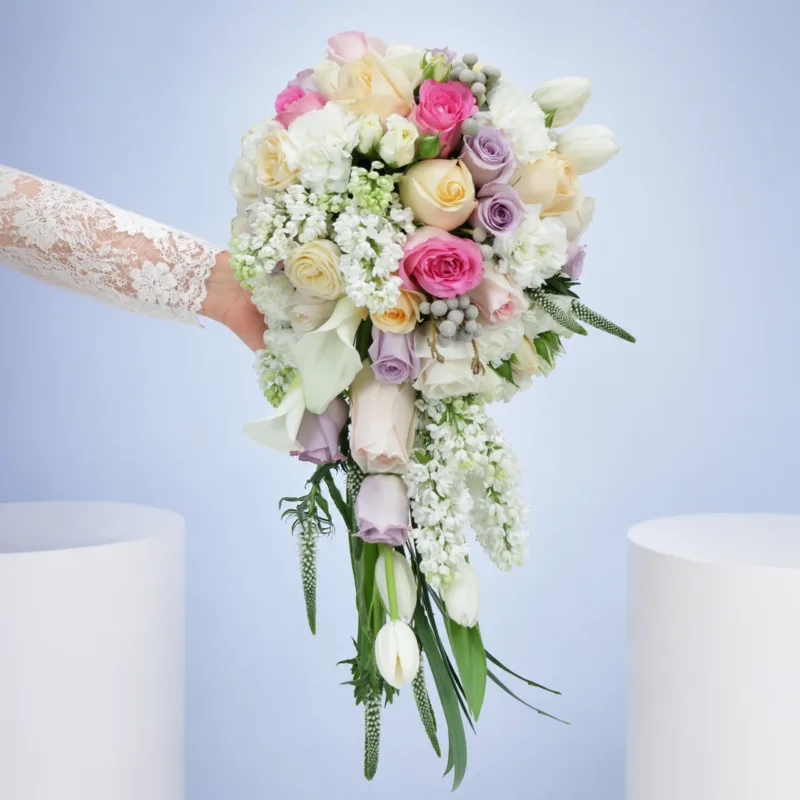luxury-pastel-cascade-bouquet Elegant waterfall-style bridal bouquet showcasing soft pastel shades and delicate textures, carried by a bride during her walk down the aisle.