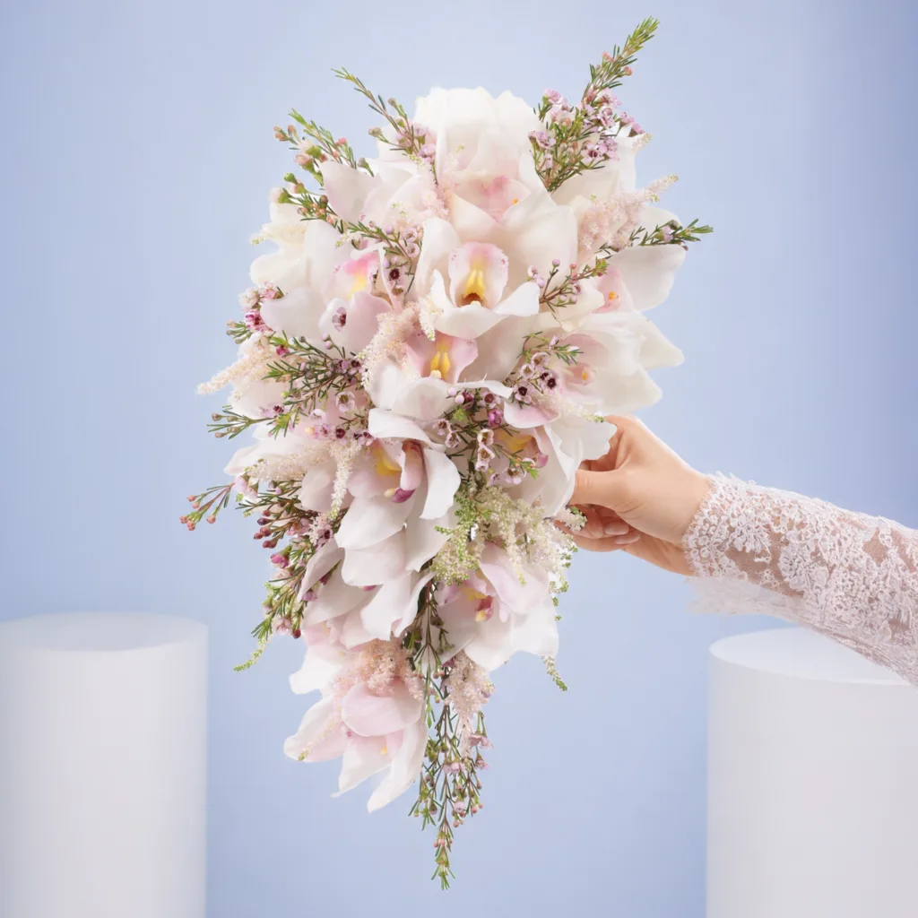 Handheld white orchid cascade bridal bouquet showcasing a luxurious waterfall arrangement designed for classic and contemporary weddings.