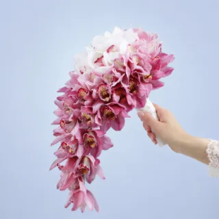Luxury pink and ivory bridal bouquet arranged in a waterfall style, creating a graceful and sophisticated wedding look.