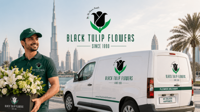 Black Tulip Flowers flower delivery service in Dubai with a branded delivery van and delivery executive holding a fresh white flower arrangement, symbolizing premium floral collections and express delivery for special occasions.