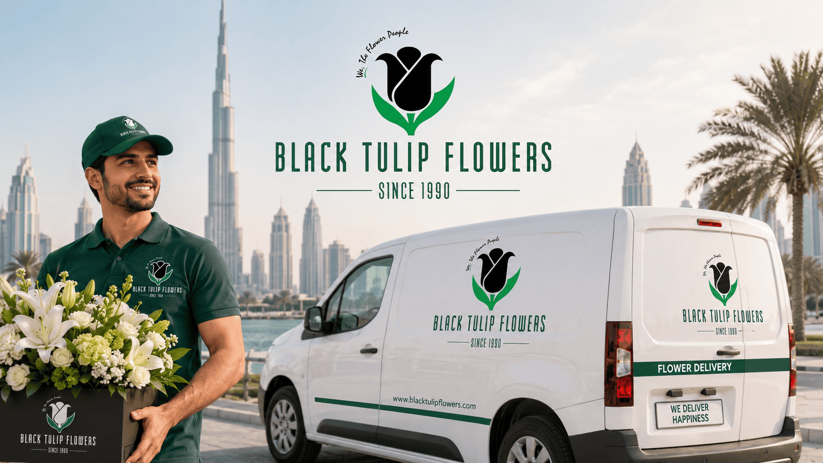 Black Tulip Flowers flower delivery service in Dubai with a branded delivery van and delivery executive holding a fresh white flower arrangement, symbolizing premium floral collections and express delivery for special occasions.