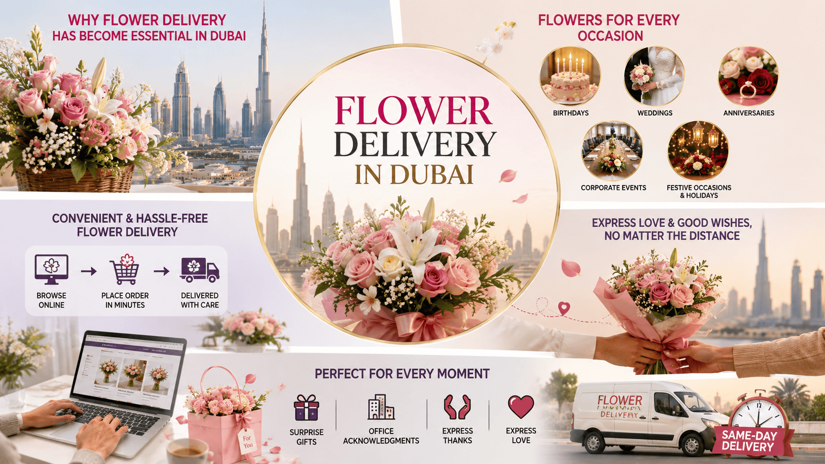 Elegant flower delivery in Dubai featuring a fresh bouquet of colorful roses and lilies, symbolizing why flower delivery has become essential for birthdays, anniversaries, celebrations, and same-day gifting across the city.