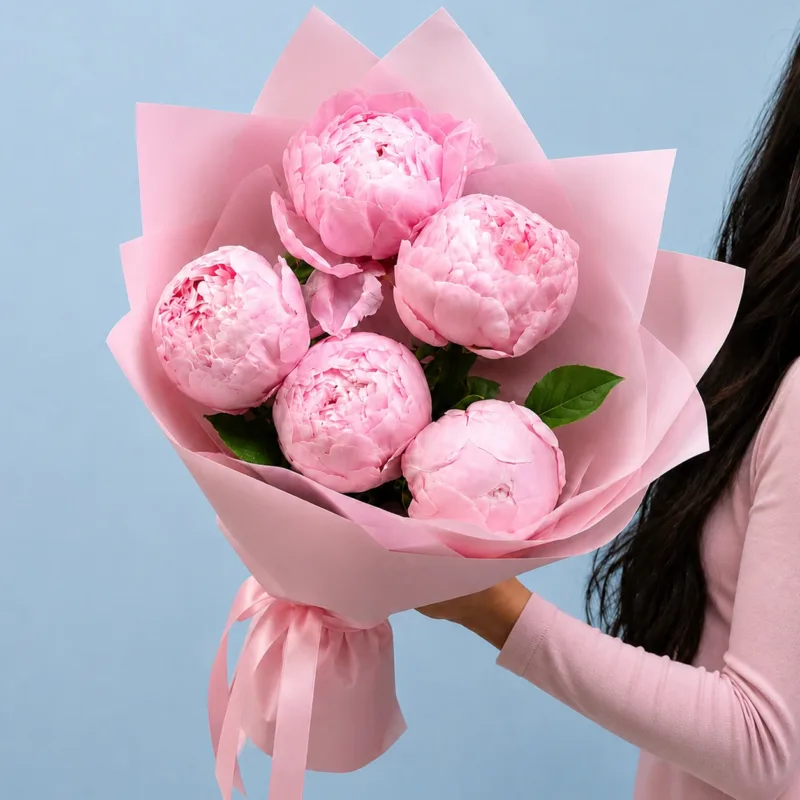 five-peonies-in-pink Bouquet of bloomed hand-tied peony flowers, wrapped beautifully as a present.