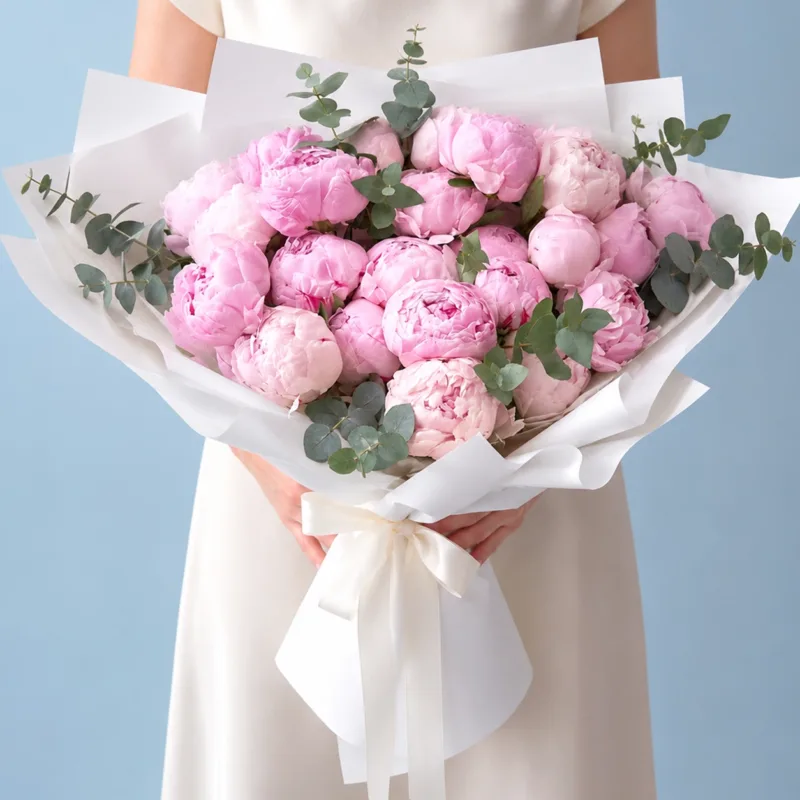 peony-delight-bouquet A luxurious hand-tied bouquet of fresh pink peonies featuring lush petals, green foliages elegantly wrapped in a white sheet with a satin ribbon.