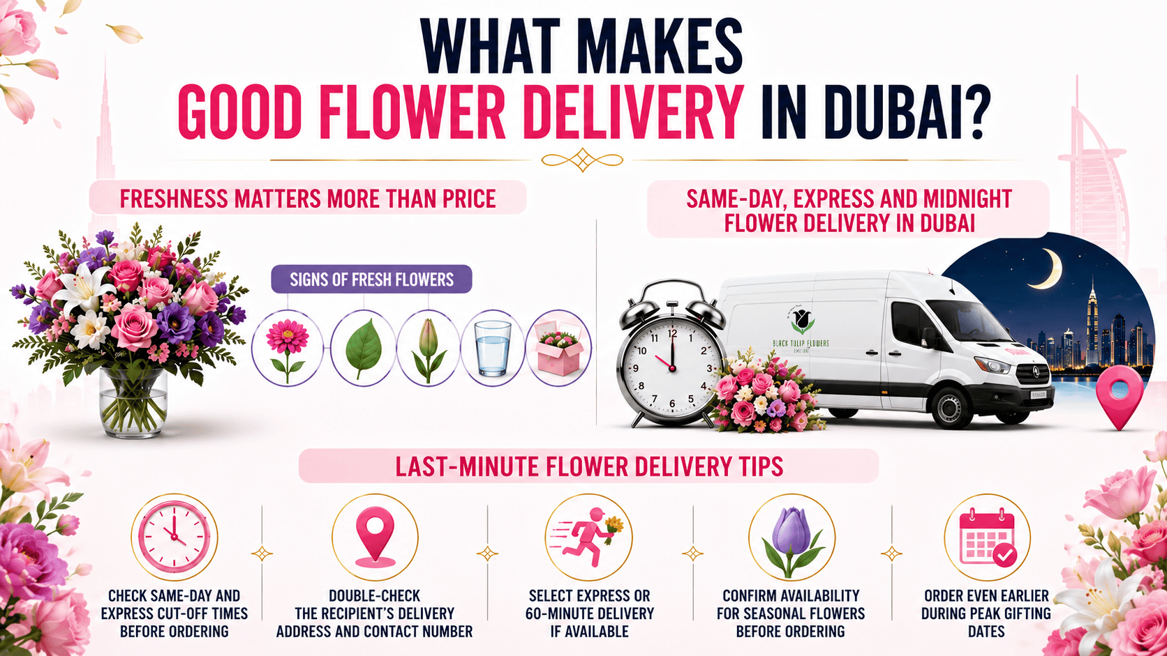 What makes good flower delivery in Dubai, focusing on flower freshness, same-day and midnight delivery services, and practical tips for fast and reliable flower ordering.