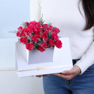Dark Pink Spray Rose White Envelope Box featuring 6 stems of fresh dark pink spray roses with delicate caspia arranged in a premium white envelope-style flower box for gifting and special occasions.