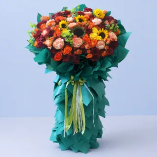 Grand Opening Prosperity Stand featuring fresh orange roses, orange spray roses, red chrysanthemums, sunflowers, bupleurum, and eucalyptus beautifully arranged for grand openings, business launches, and corporate celebrations.