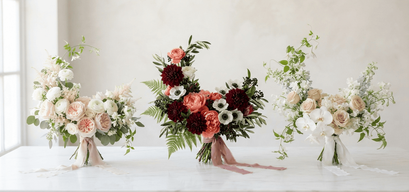 Three beautiful crescent-shaped flower bouquets with balanced floral arrangements and naturally flowing greenery.