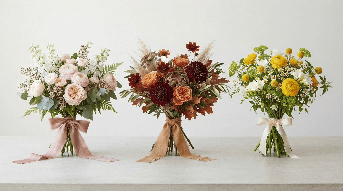 Three elegant hand-tied bouquets featuring fresh seasonal flowers, natural greenery, and beautifully gathered stems.