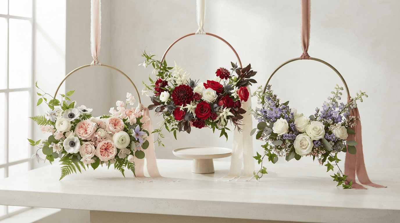 Three elegant hoop bouquets featuring fresh flowers and lush greenery arranged around circular floral hoops.
