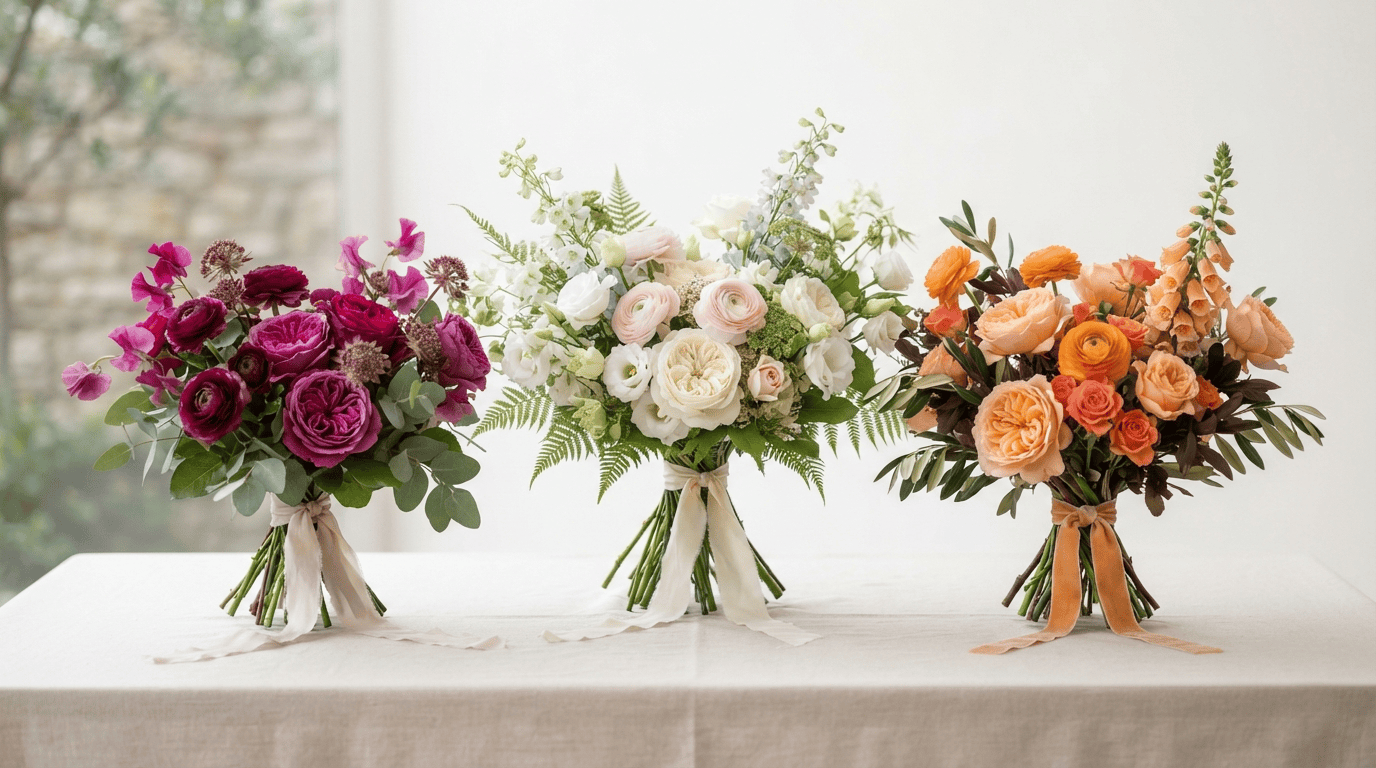 Three beautiful reflexed bouquets showcasing naturally curved petals, fresh seasonal flowers, and sophisticated arrangements.