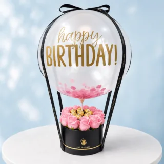 Birthday Pink Rose Ferrero Box with Happy Birthday Balloon, featuring fresh pink roses and delicious Ferrero Rocher chocolates, beautifully arranged in an elegant black gift box for celebrations.