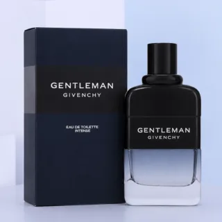 Givenchy Gentleman Intense Eau de Toilette (EDT) For Men 100ML in a sleek black bottle, presented beside its matching dark fragrance box.