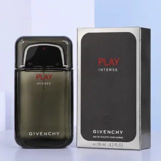 Givenchy Play Intense Eau de Toilette (EDT) For Men 100ML in a sleek dark bottle, presented beside its matching black and silver fragrance box.