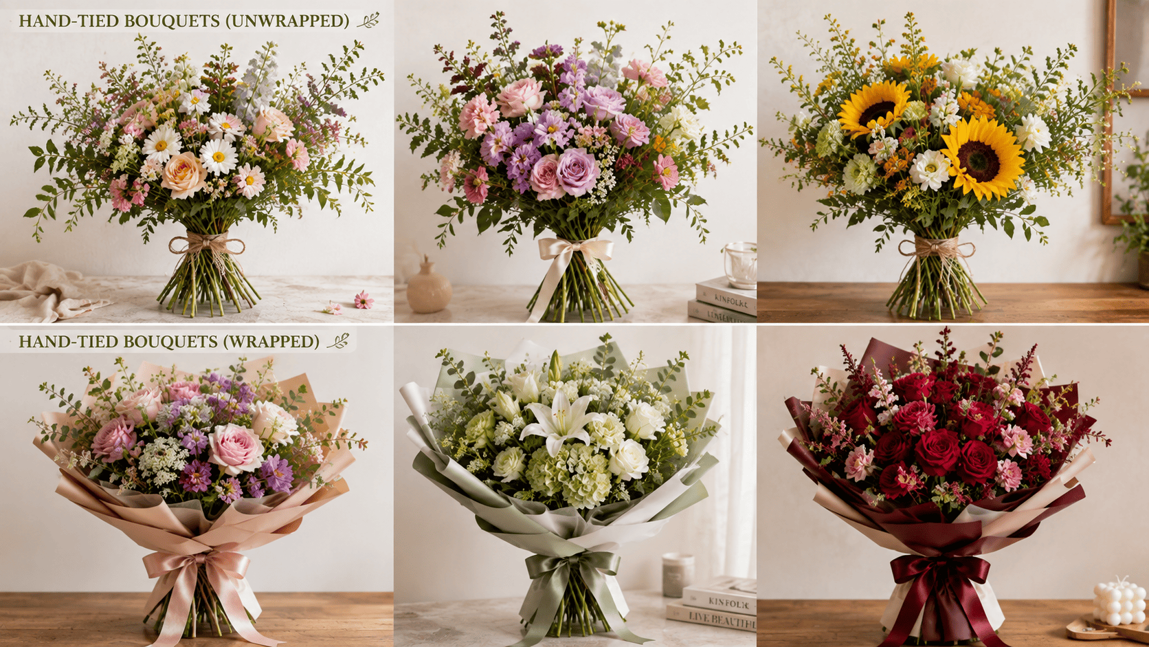 elegant wild garden bouquets arranged side by side on a wooden table, featuring soft pastel pink and lavender flowers, vibrant peach and orange blooms, and delicate white and purple wildflowers with lush natural greenery.
