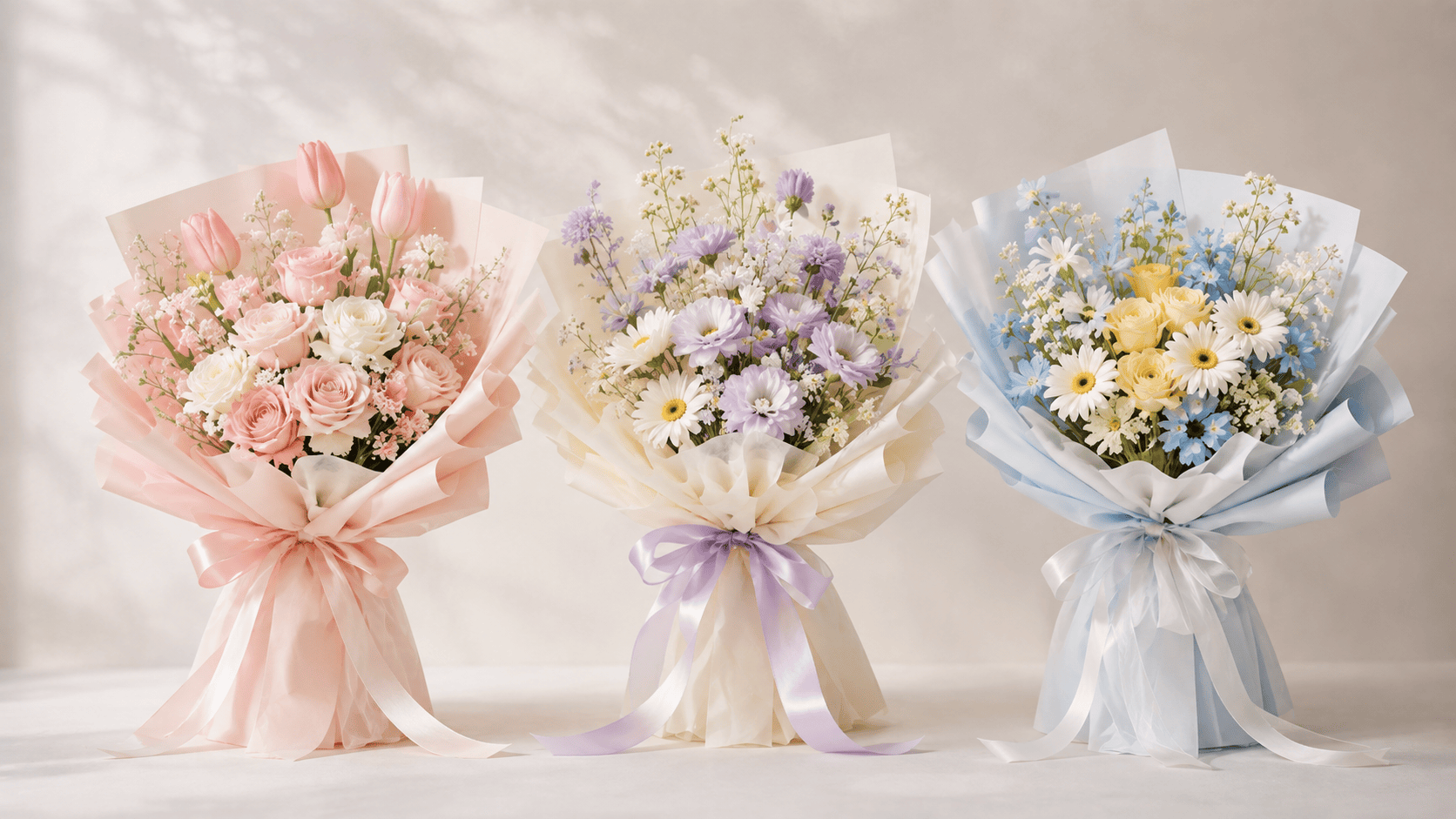 Three elegant Korean-style flower bouquets arranged side by side on a wooden table, featuring pastel pink, peach, blue, and white flowers with fresh greenery and soft neutral wrapping, creating a delicate luxury floral display.