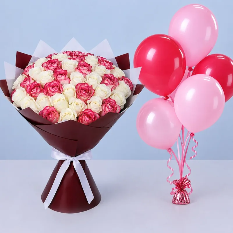 pink-white-roses-with-balloons Pink & White Roses with Balloons featuring fresh roses and colourful balloons for birthdays and special celebrations. Order online today.