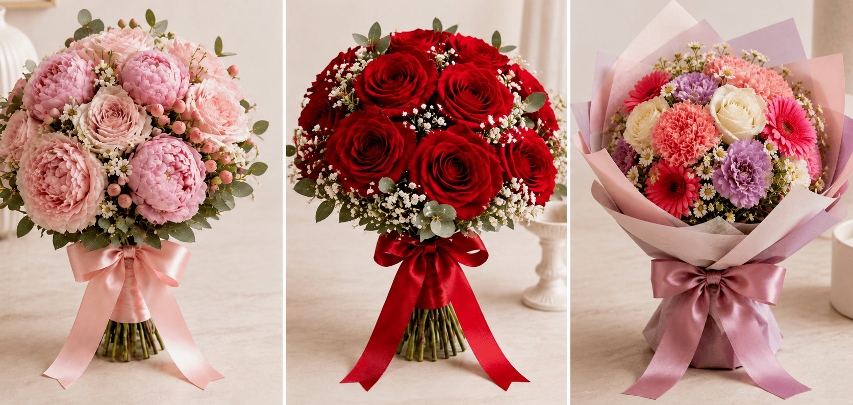 Three elegant posy bouquets featuring compact, rounded arrangements of fresh flowers and delicate greenery.
