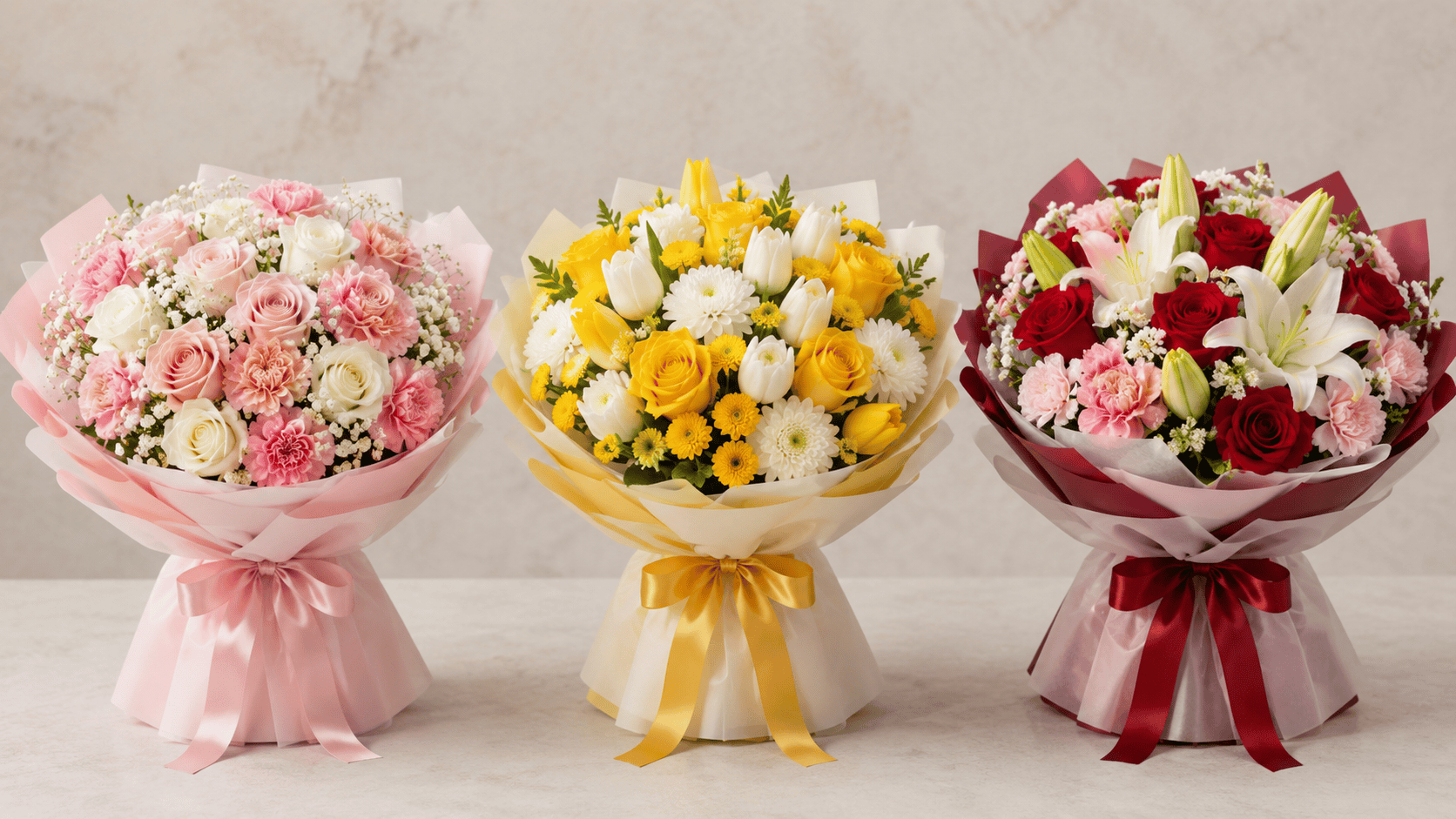 Three elegant round bouquets featuring fresh flowers arranged in balanced, symmetrical shapes with lush greenery.