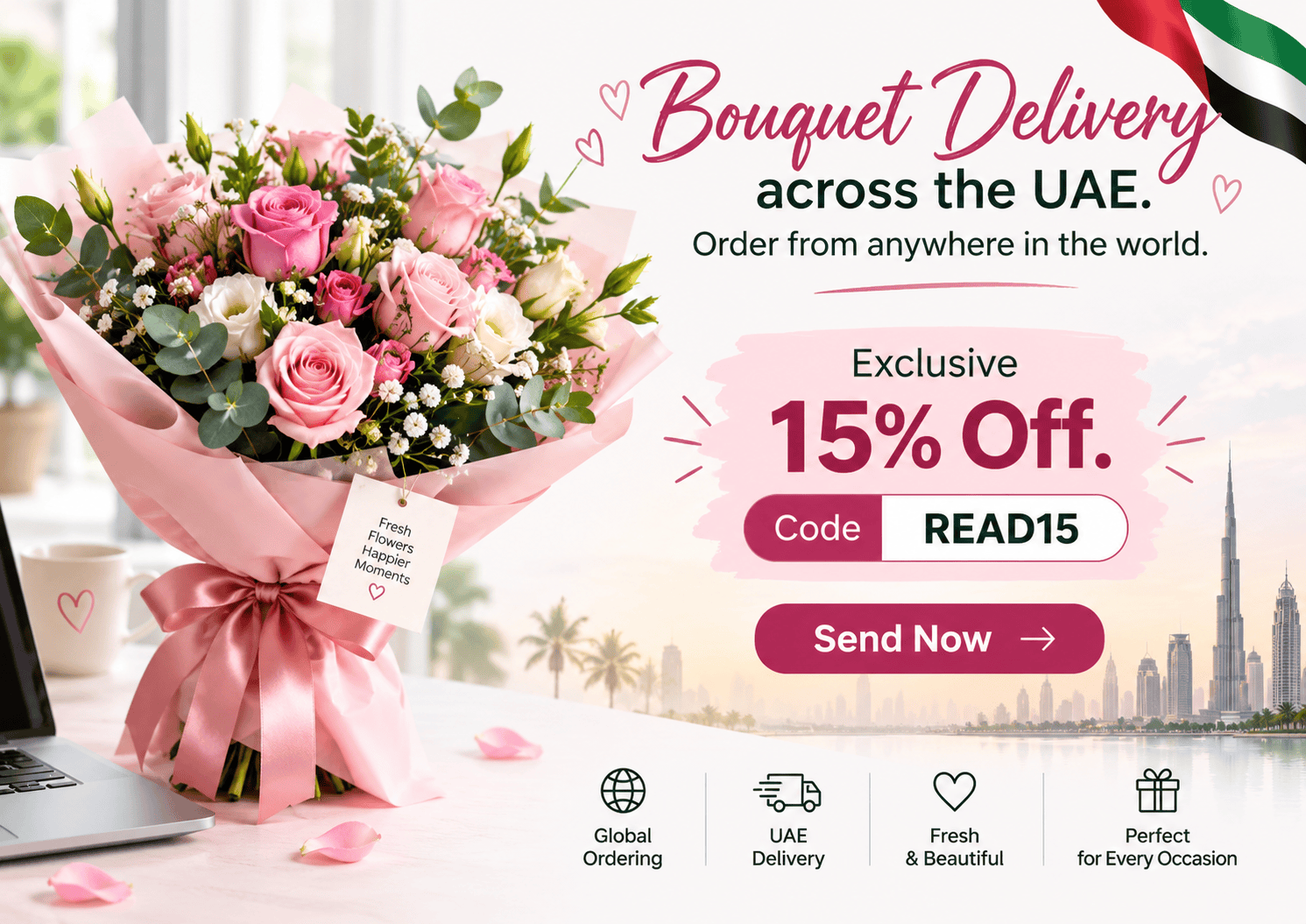 Pink flower bouquet with UAE bouquet delivery promotion, featuring 15% off with code READ15, global ordering, UAE delivery, fresh flowers, and gifting for every occasion.