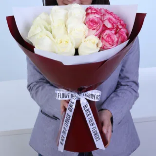 White & Pink Rose Elegance Bouquet featuring fresh white roses and double pink roses beautifully hand-tied in premium floral wrapping for gifting and special occasions.