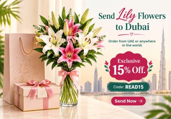 Dubai flower delivery banner featuring pink tulip bouquet, white tulip basket, blue tulip flower bag, and 15% off promotional offer.