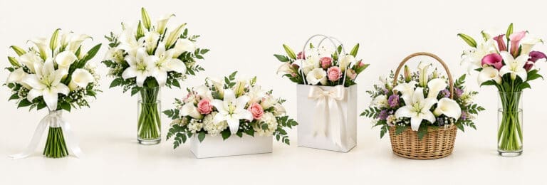 White lilies arranged elegantly for a wedding, symbolizing purity, love, commitment, and new beginnings.