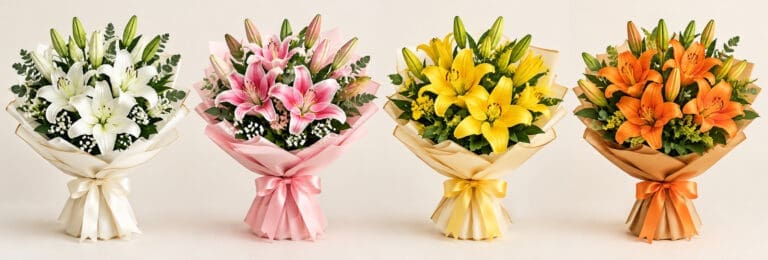Lily flowers symbolising purity, love, beauty, renewal, and devotion, with elegant pink and white blooms arranged in a luxury bouquet.