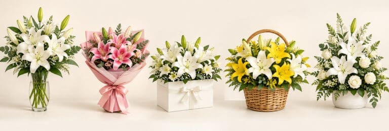 Lily flowers symbolizing purity, love, beauty, renewal, and new beginnings in an elegant floral arrangement.