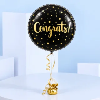 Black and gold Congrats helium balloon with elegant design, perfect for celebrations, achievements, graduations, promotions, milestone events, congratulatory gifts, and special occasions.