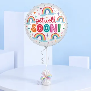 Get Well Soon helium foil balloon with colourful rainbow design, perfect for recovery wishes, hospital visits, thoughtful gifting, cheerful surprises, and special occasions.