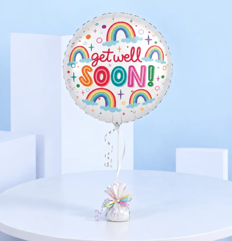get-well-soon-helium-foil-balloon Get Well Soon helium foil balloon with colourful rainbow design, perfect for recovery wishes, hospital visits, thoughtful gifting, cheerful surprises, and special occasions.